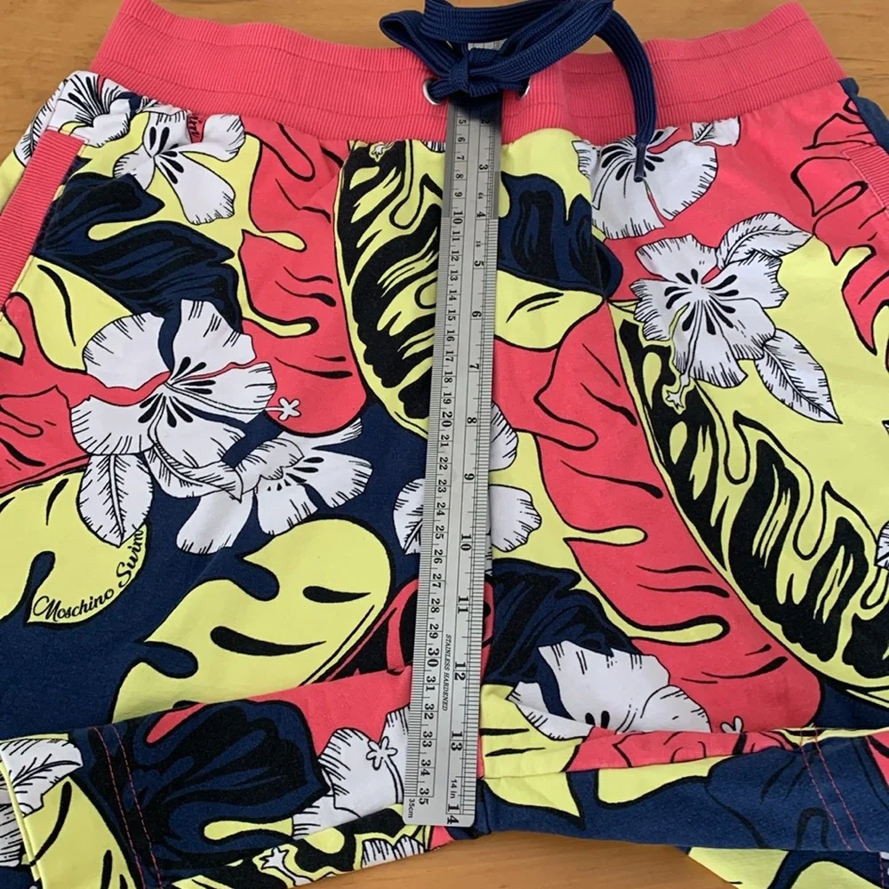 Moschino Men's Swim Size XS Pink Hibiscus Leaf Beach Pants Elastic Drawstring